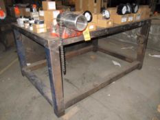 Lot (2) steel workbenches including: (1) 77" x 53" with 5" vise and pipe vise, and (1) 8' x 4' with