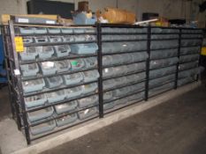 Lot of (8) sections of shelving with plastic bin including assorted electric fittings, breakers, cab