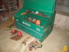 Greenlee m/n 2260 job box with (4) chain hoists, (1) come-a-long, and (1) Miller evac lift