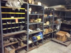 Lot pf asst parts including gear drive parts, chain, filters, regulators, with shelving