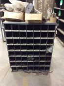 Lot of adjustable metal shelving and (1) 56 compartment parts shelf (GRAY SHELVING END CAPS ONLY)