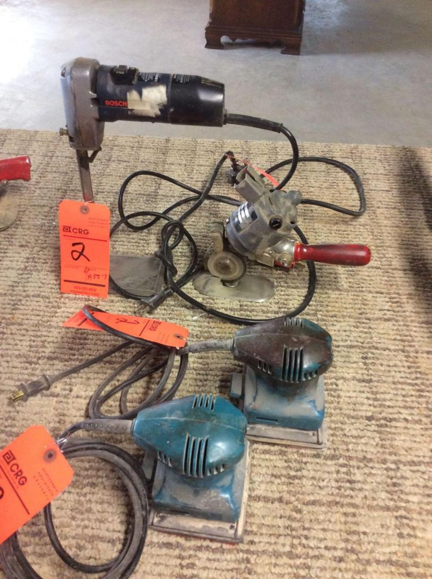 Lot of (4) electric hand tools, (2) Makita, BO4552 palm sanders, (1) Maimin rotoshear, and (1) Bosch