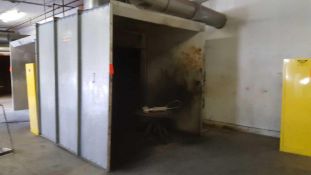 9' X 8' X 8 1/2' paint spray booth with exhaust fan, ductwork to wall hole must be repaired by buyer