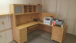 Lot of assorted office Furnishings includes (2) L-shaped desks with maple type finish, overhead shel