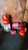 Lot of assorted gas cans, including Justrite metal safety cans, one new in the box, and (2) assorted