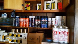 Lot of assorted oil filters, air filters, lubricants, drain opener, bee spray, parts, tooling, hardw