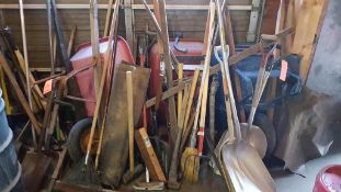 Lot of assorted maintenance tools includes (3) wheelbarrows, sledgehammers, axes, mauls, shovels, pi