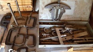 Lot of assorted C clamps, puller tool kit, and pipe cutter
