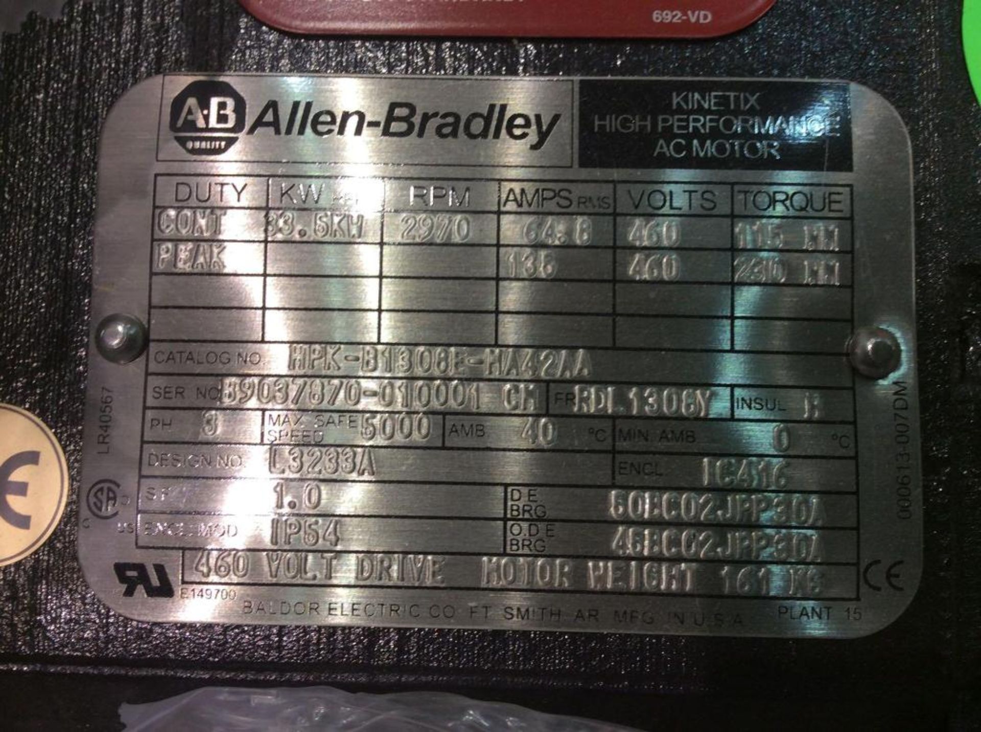 Allen Bradley Asychronous Servo Motor, mn HPK-B1308E-MA42AA, 2970 rpm (NEW) - Image 2 of 3