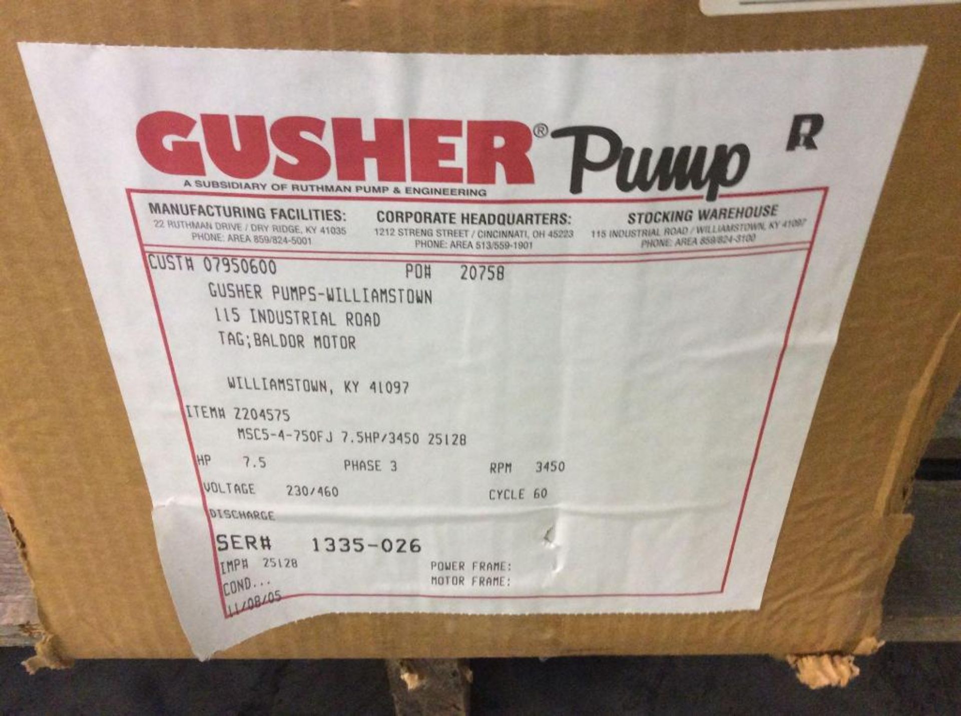 Gusher 7.5 hp pump, mn MSC5-4-750FJ, 3450 rpm, 3 phase (NEW IN BOX) - Image 2 of 2
