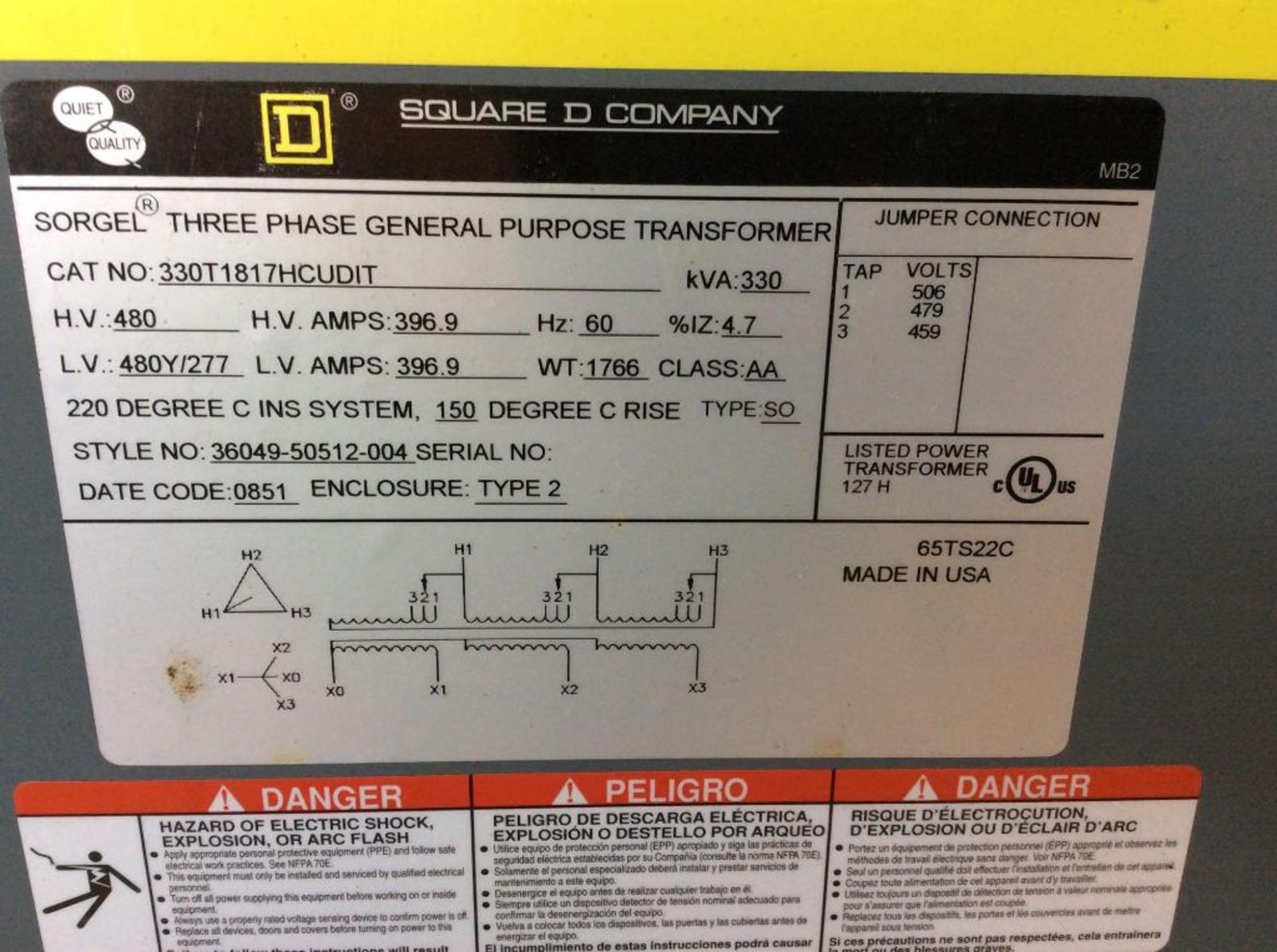 Square D 3 phase general purpose transformer, mn 330T1817HCUDIT, 330 kva, 480 volt - Image 2 of 2