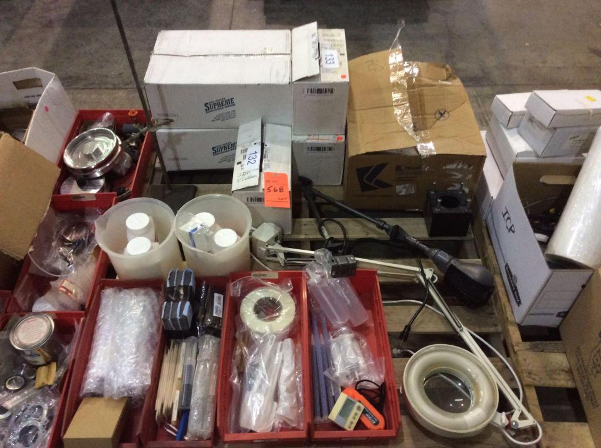 Lot of asst laboratory glassware, plastic tubes, lamps, accessories, contents of 3 skids and - Image 3 of 5