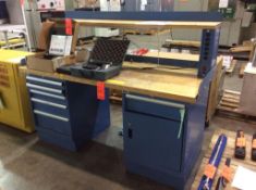 Lista 6' wood top workbench with 2 storage cabinets and overshelf