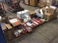 Lot of asst laboratory glassware, plastic tubes, lamps, accessories, contents of 3 skids and
