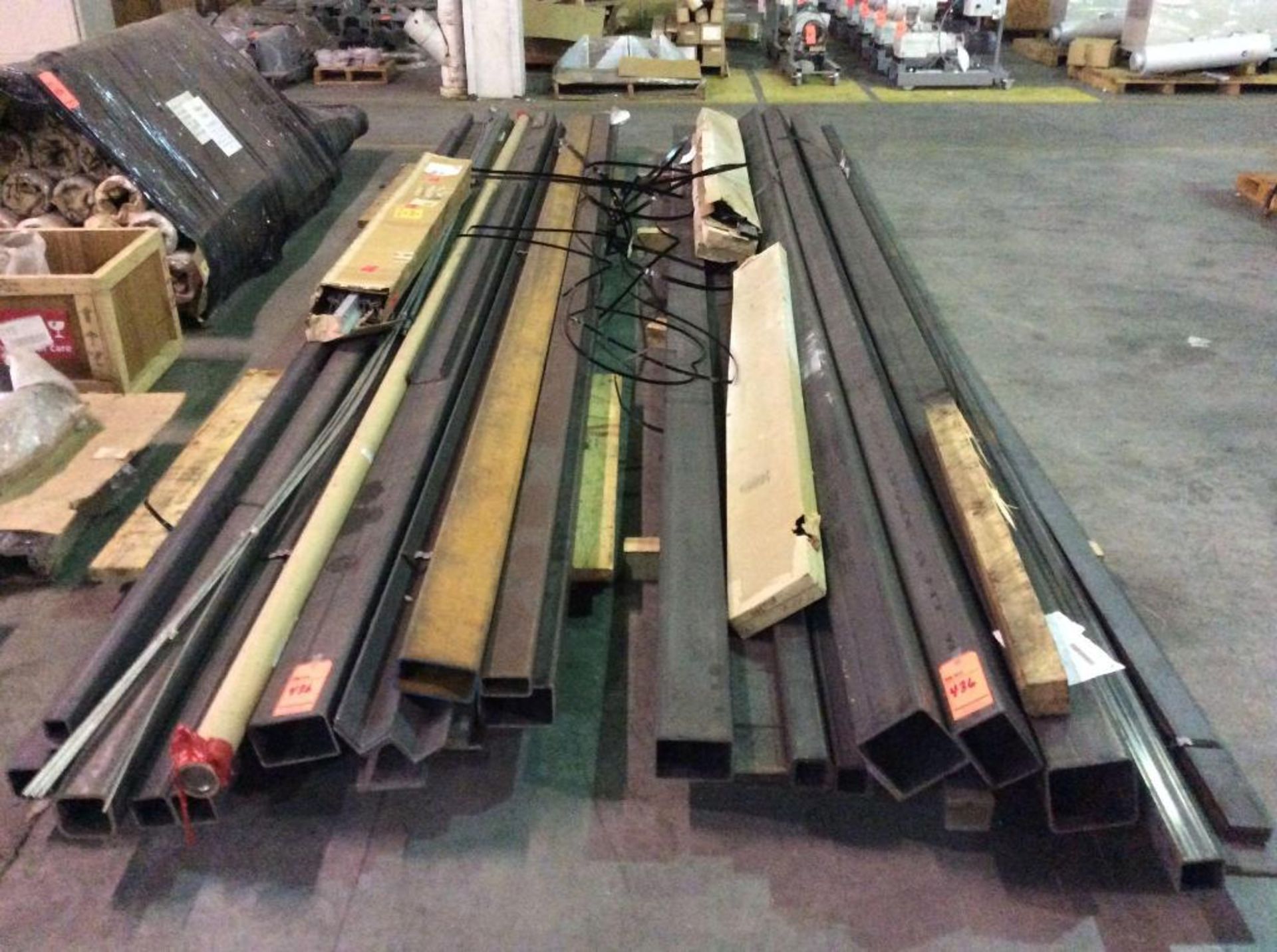 Lot of asst steel stock including square tube, welding rods, and asst parts