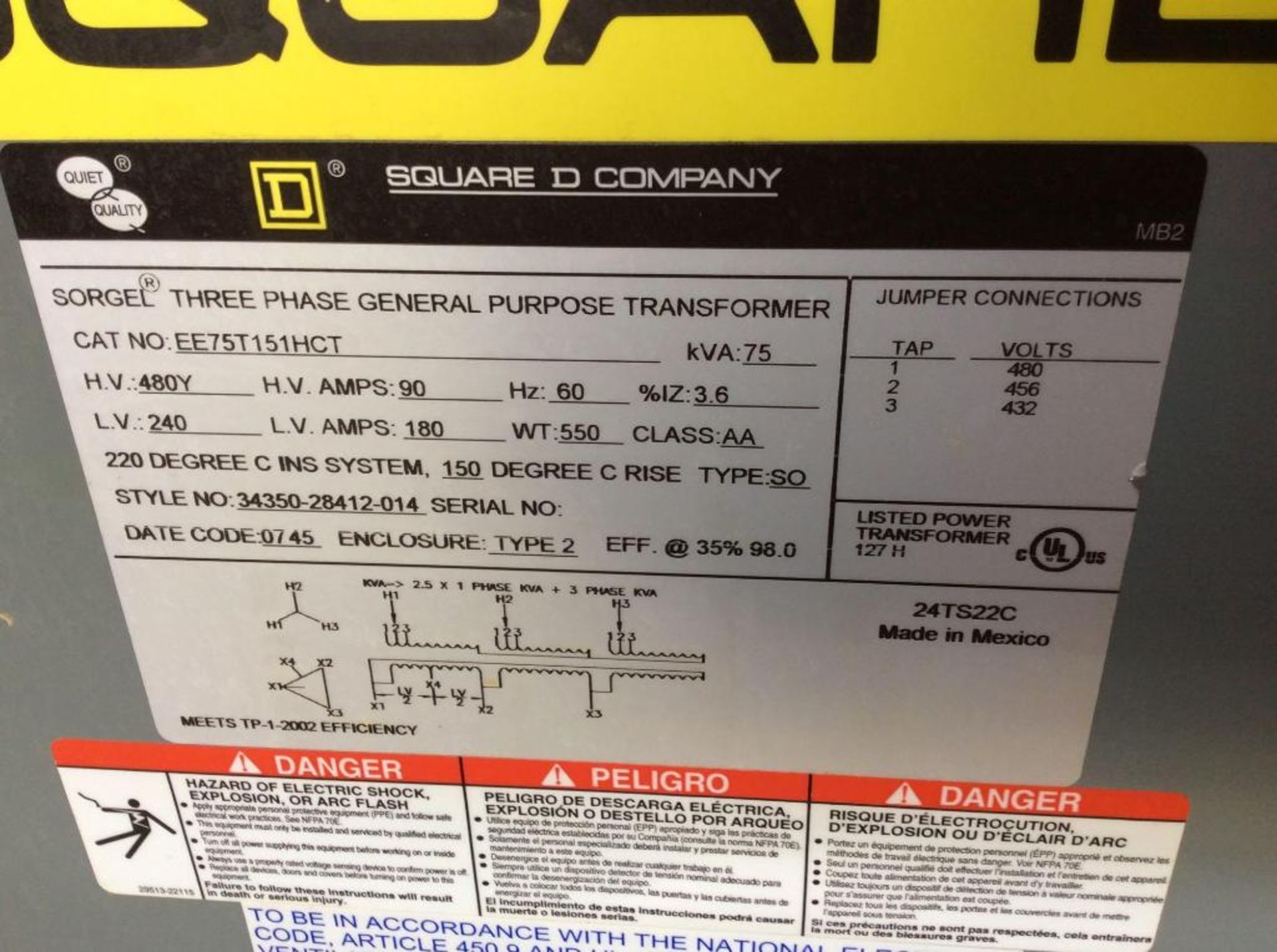 Square D 3 phase general purpose transformer, mn EE75T151HCT, 75 kva, 480 volt - Image 2 of 2