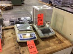 Lot of (2) lab scales including Ohaus Explorer Pro enclosed lab scale, mn EP214C ( no power plug)