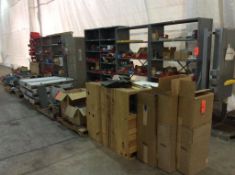 Lot of asst parts and components, contents of 8 skids and 8 sections of shelving (NO SHELVES)