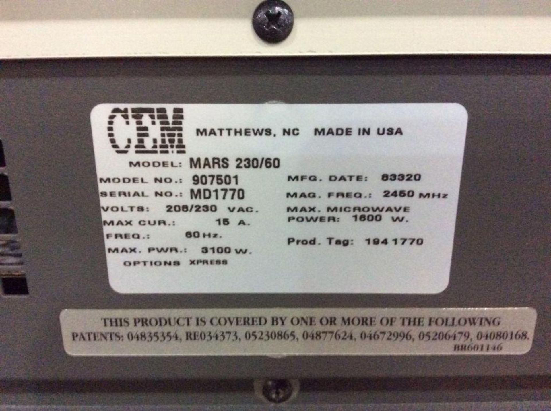 CEM MARS Xpress microwave accelerated reaction system, mn 230/60 907501, sn MD1770, 3100 watts, - Image 3 of 3