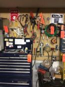 Lot of assorted tools and tool boxes etc. contents of tool boxes and peg board above tool boxes