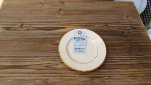 Lot of (100) gold band bread and butter plates, 5", in (3) wire crates, subject to entirety bids. Ad
