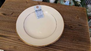 Lot of (80) gold band dinner plates, in (4) wire crates, subject to entirety bids. Add'l fee of $8.0