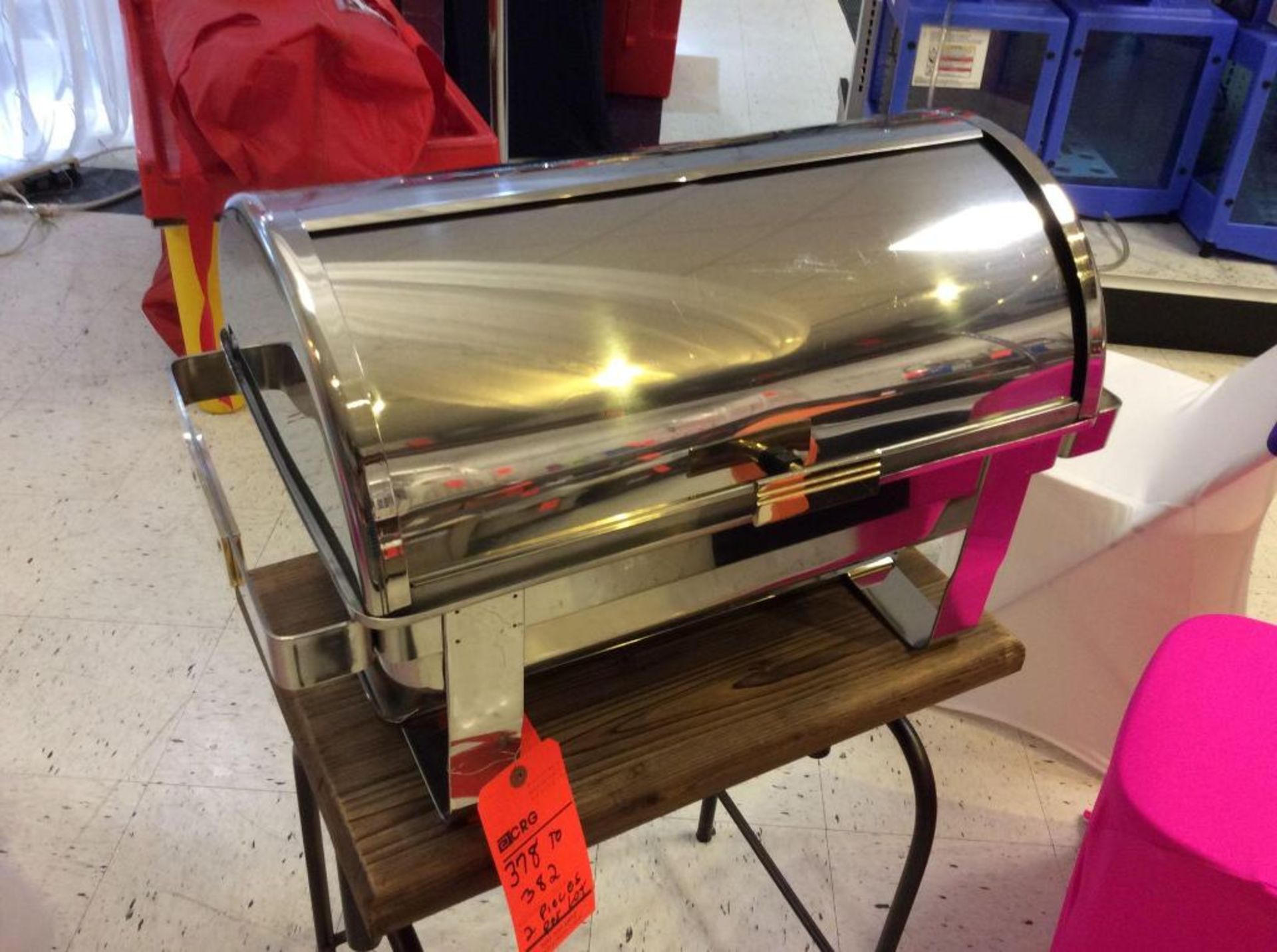 Lot of (2) beautiful stainless 8 quart roll top chafers with pan, water pan and (2) sterno holders e