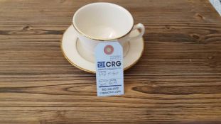 Lot of (80) gold band coffee cups, with saucers, in (5) wire crates, subject to entirety bids. Add'l