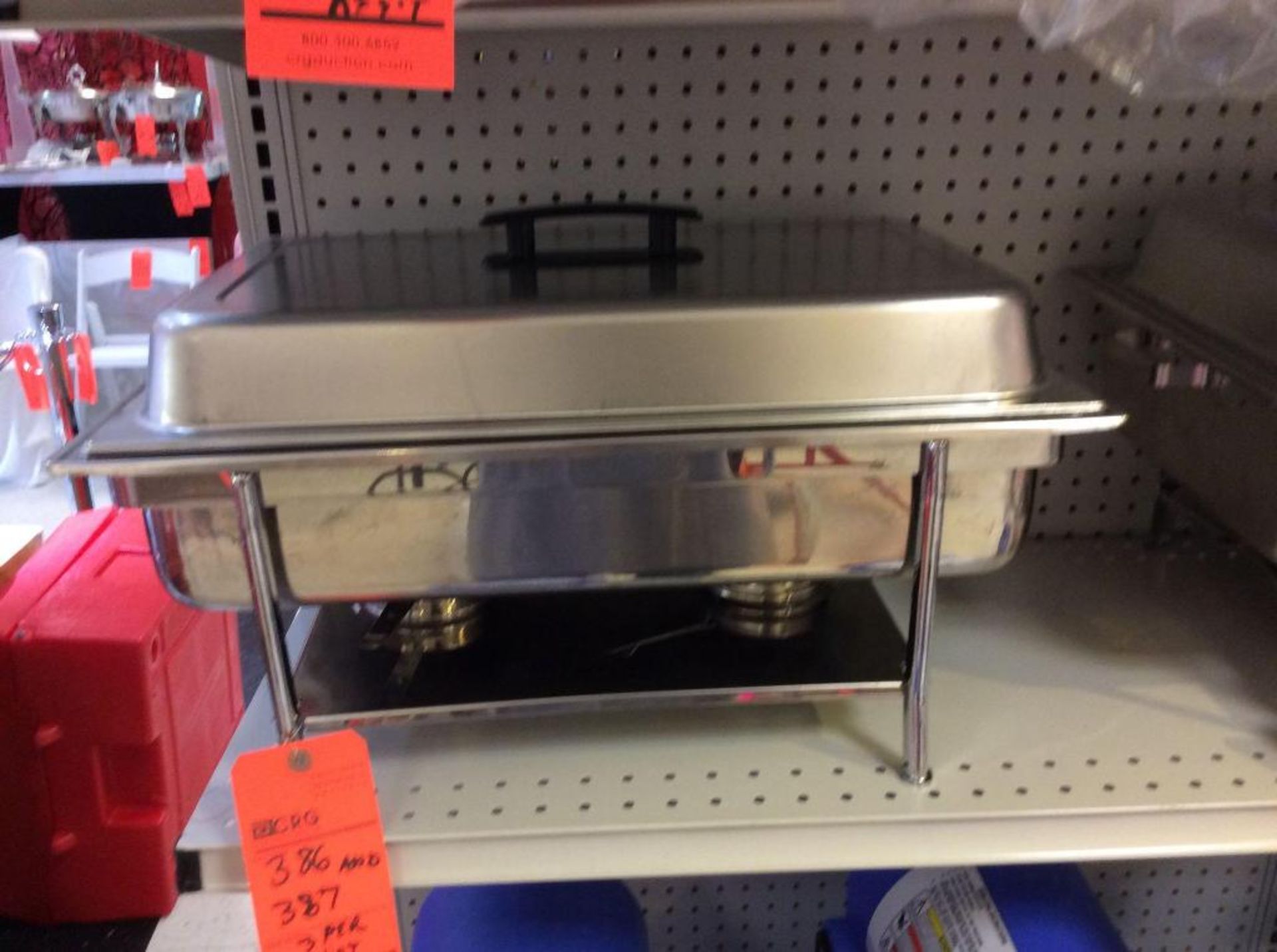 Lot of (3) stainless steel chafers with black handle, includes food pan, water pan and (2) sterno ho