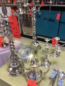 Lot of silver plated candalabras and a tea pot