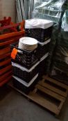 Lot of (177) gold band dinner plates, 10", in milk crates, in warehouse.