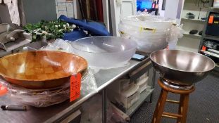 Lot of (12) assorted large, salad, serving bowls, including (5) bamboo, (1) stainless, and (6) plast