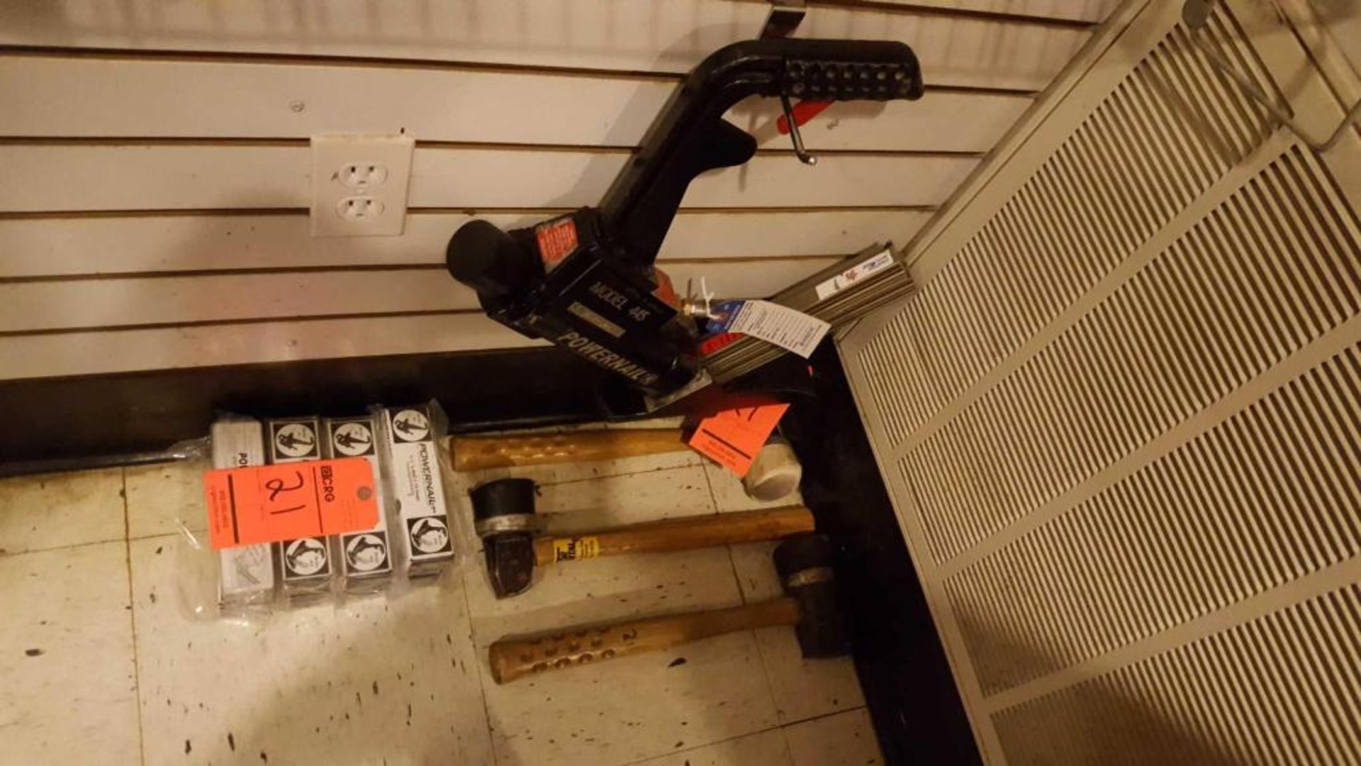 Powernail floor nailer model 445, with (3) hammers, and (8) boxes of nails - Image 2 of 2