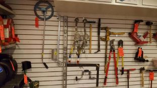 Lot of assorted manual tools including (1) measuring wheel, (1) 4 foot level, (1) two foot square, (