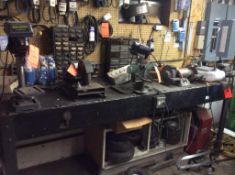 Lot contains 8' steel work bench, with vise, 8" drill press, and double end grinder, no other conten