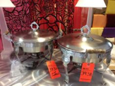 Lot of (2) stainless round 6 quart chafers with wooden handles, includes water pan, food pan, and (1