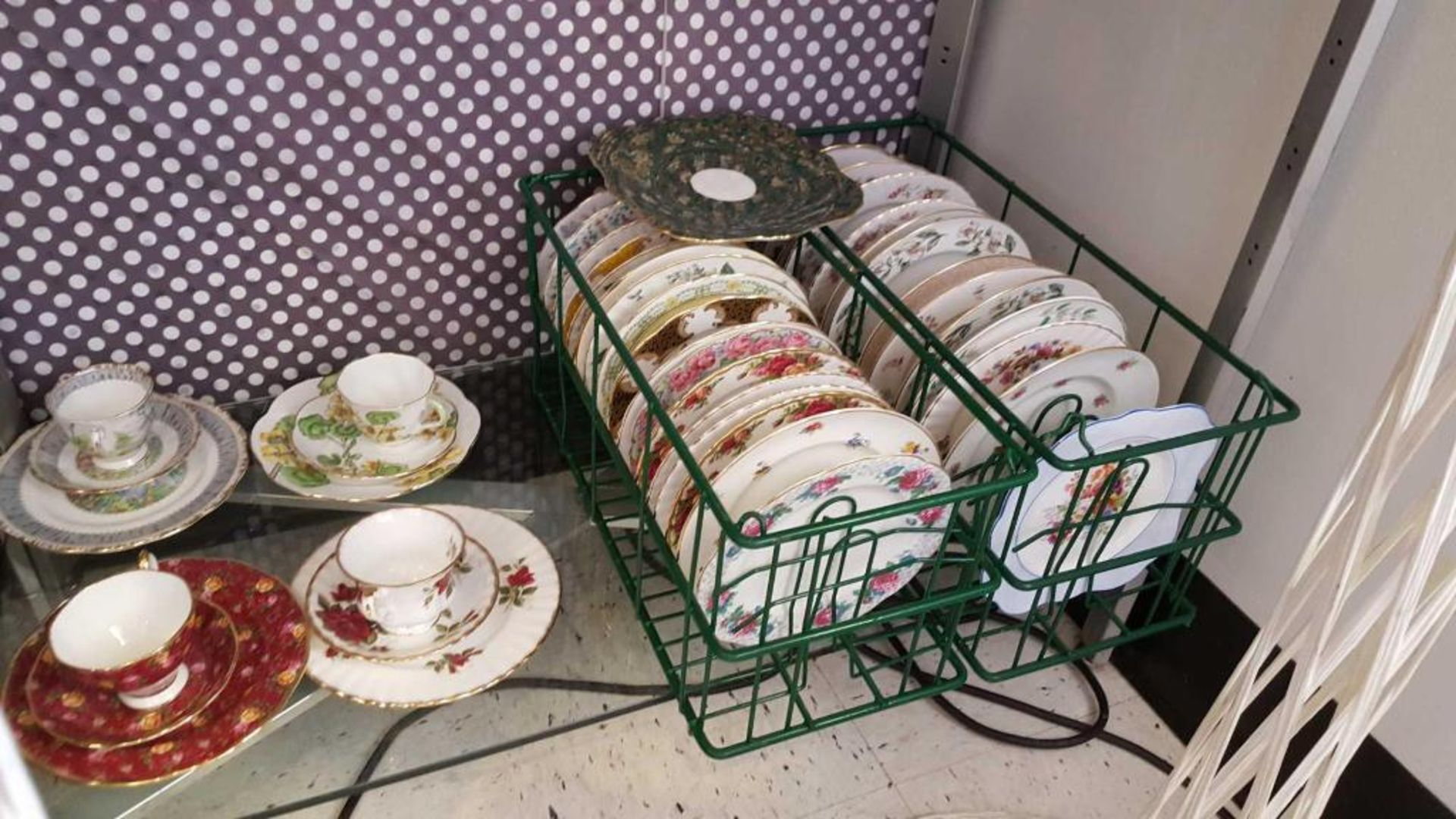 Lot of assorted vintage china cups, saucers, and dessert plates, in (6) wire crates. Add'l fee of $8 - Image 2 of 4