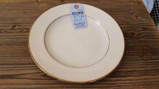 Lot of (80) gold band dinner plates, 10", in (4) wire crates, subject to entirety bids. Add'l fee of