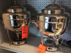 Lot of (2) stainless steel presentation hot and cold drink dispensers, and (1) presentation 55 cup s