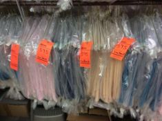 Lot of (43) assorted 72" diam table cloths, including (10) light pink, (9) navy, (12) soft peach, an