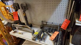 Lot of assorted carpet and tile flooring tools, etc, including (2) carpet kickers, scrapers, tile cu