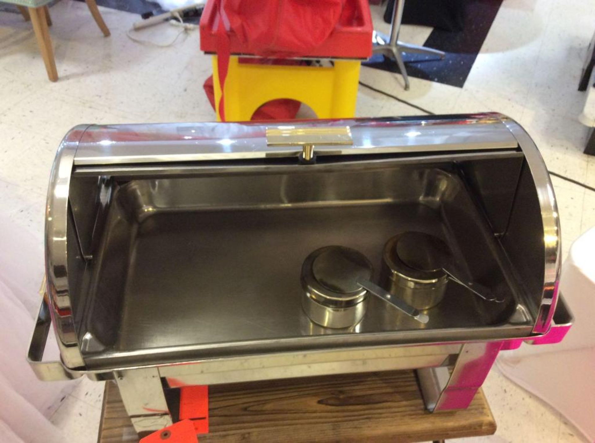 Lot of (2) beautiful stainless 8 quart roll top chafers with pan, water pan and (2) sterno holders - Image 2 of 2