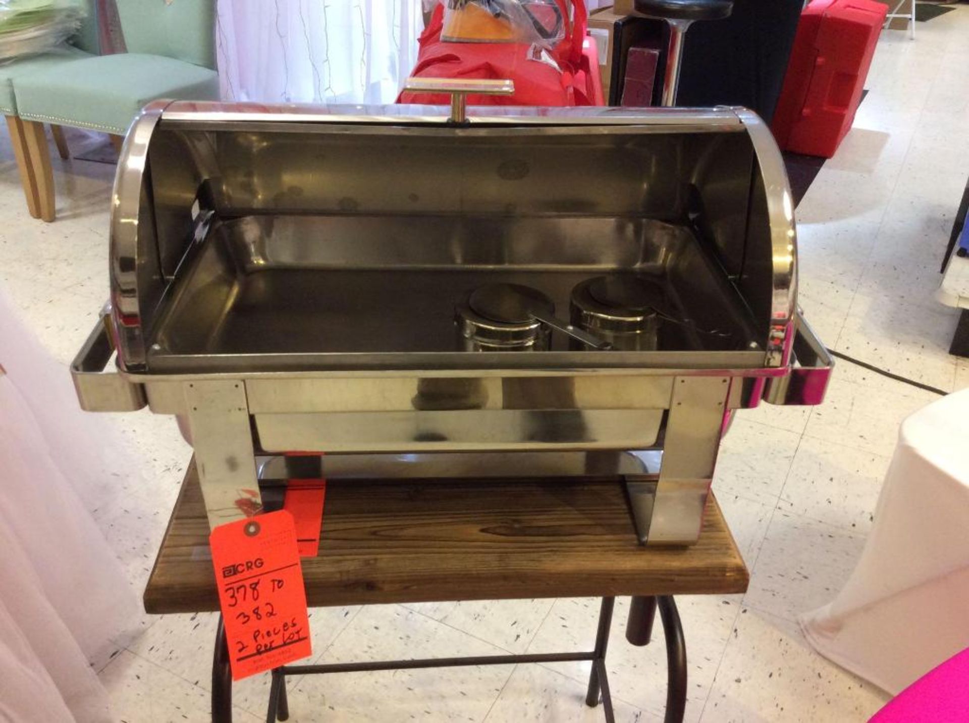 Lot of (2) beautiful stainless 8 quart roll top chafers with pan, water pan and (2) sterno holders e - Image 2 of 2