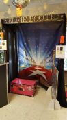 Lot contains one selfie photo booth with assorted props, with travel case, (3) assorted back drops,