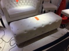 Lot of (2) tufted white love seat couches, (4) tufted white chairs, and (1) tufted white ottoman wit