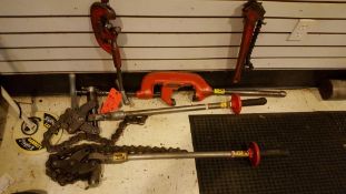 Lot of assorted pipefitters tools etc., including (2) pipe cutters and (3) assorted chain pipe wrenc