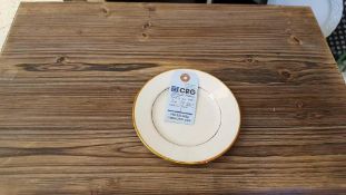 Lot of (80) gold band bread and butter plates, 5", in (3) wire crates, subject to entirety bids. Add