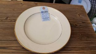 Lot of (59) gold band dinner plates, 10", in (3) wire crates, subject to entirety bids. Add'l fee of