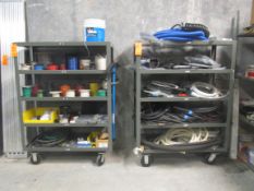 Lot of (2) heavy duty multi-tier carts with contents, includes spooled wire & asst. hoses