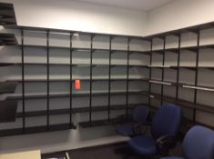 Lot of wall mounted shelving, lateral file cabinet and (4) chairs